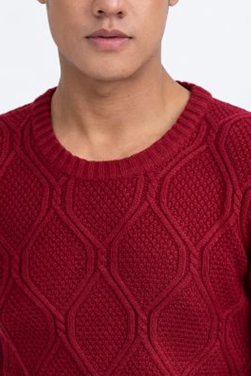 Áo len nam Novelty regular fit dệt họa tiết chìm cổ tròn màu đỏ đô NALMMDNAWR180587T