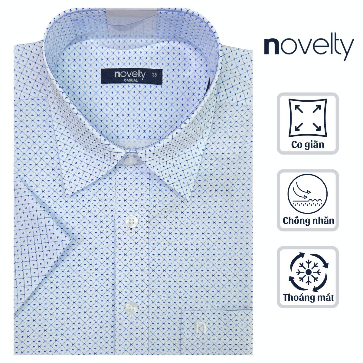 ÁO SƠ MI NAM NGẮN TAY NOVELTY CASUAL SPUN HOA VĂN XANH TRẮNG NSMMINMSPB261049N