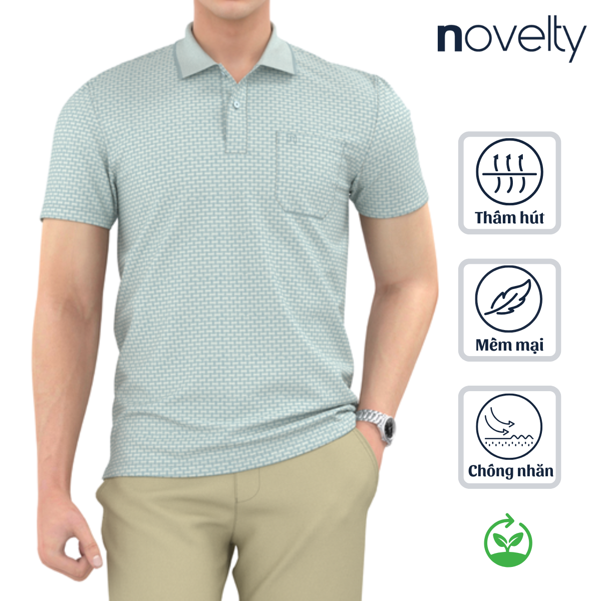 ÁO POLO NAM NOVELTY REGULAR FIT MODAL CÓ TÚI HOA VĂN ĐAN LÁT XANH NHẠT NATMINMT3R250427N