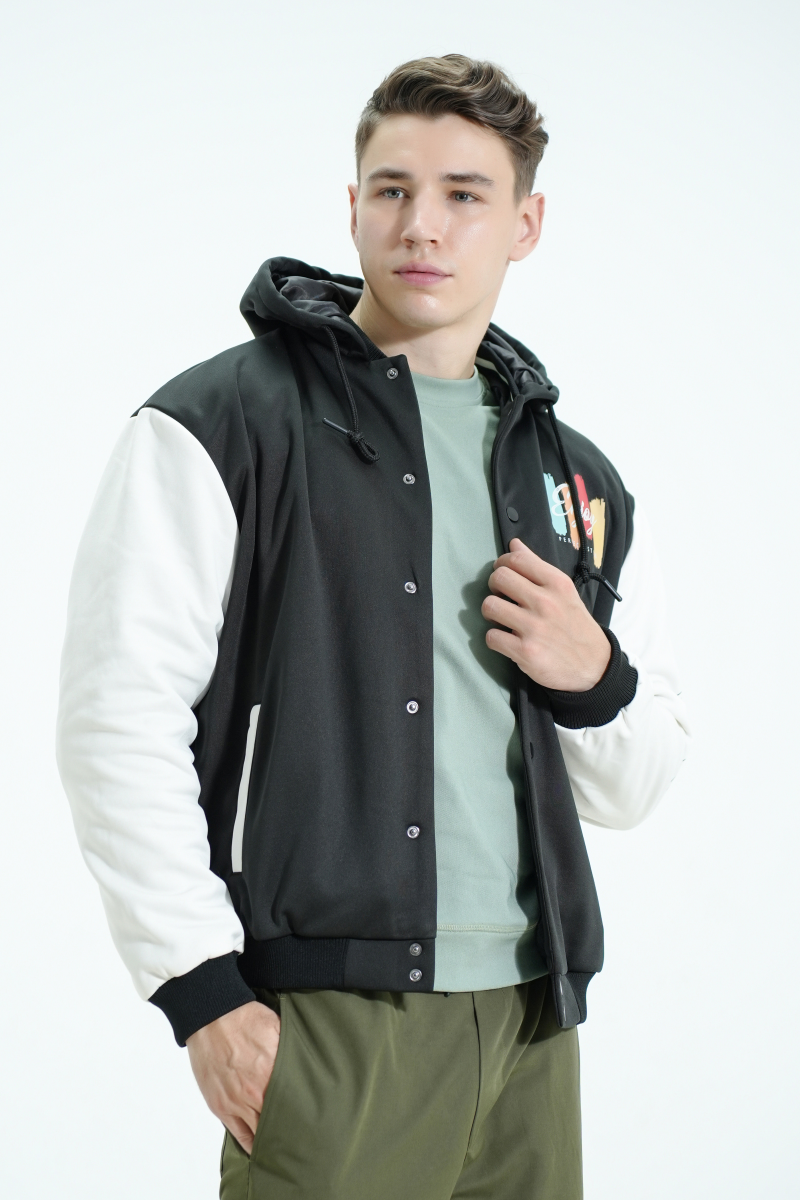 Áo Khoác Jacket 2 lớp nỉ Novelty nón rời màu đen NJKMMDMPLB2404202