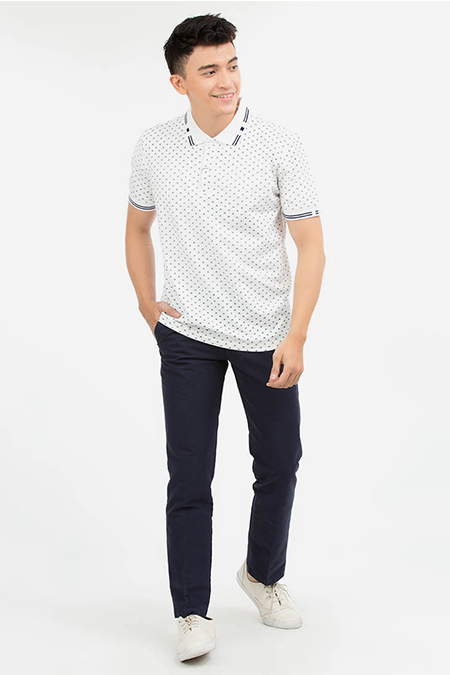 Áo Polo nam Novelty Regular fit in họa tiết màu trắng NATMINMCSR180028N