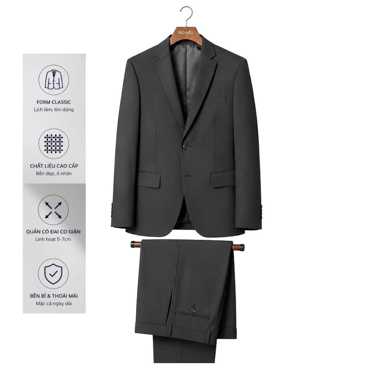 BỘ VEST NAM 2 NÚT NOVELTY CLASSIC ĐAI LƯNG CO GIÃN MÀU XÁM ĐẬM NVTMMDMT3C2610232
