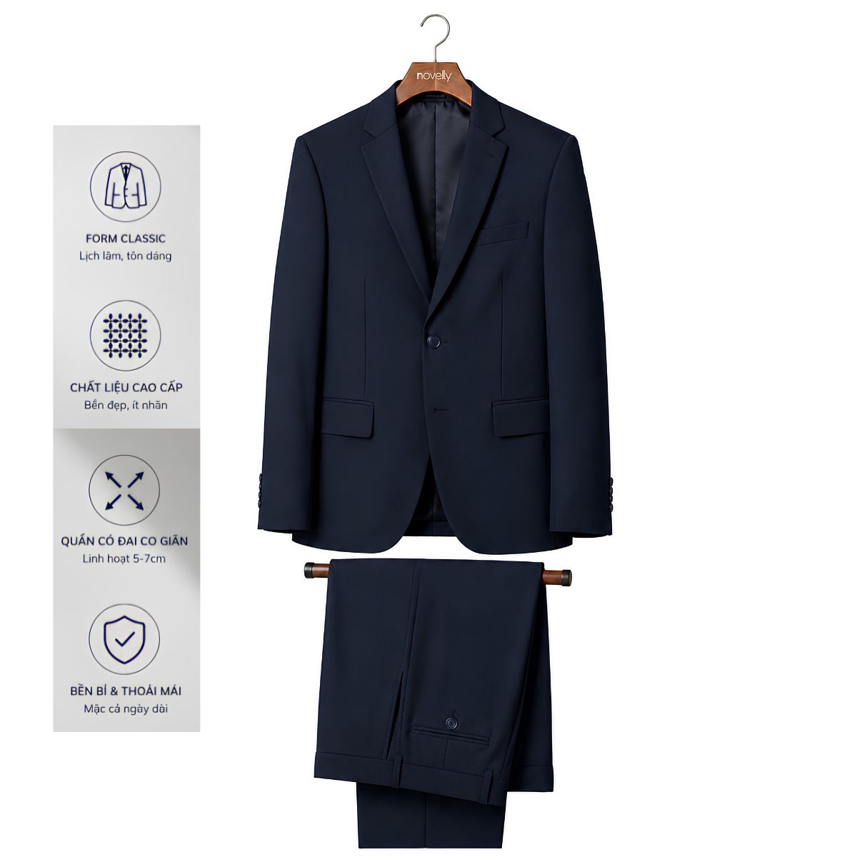 BỘ VEST NAM 2 NÚT NOVELTY CLASSIC ĐAI LƯNG CO GIÃN MÀU XANH ĐEN NVTMMDMT3C2610242