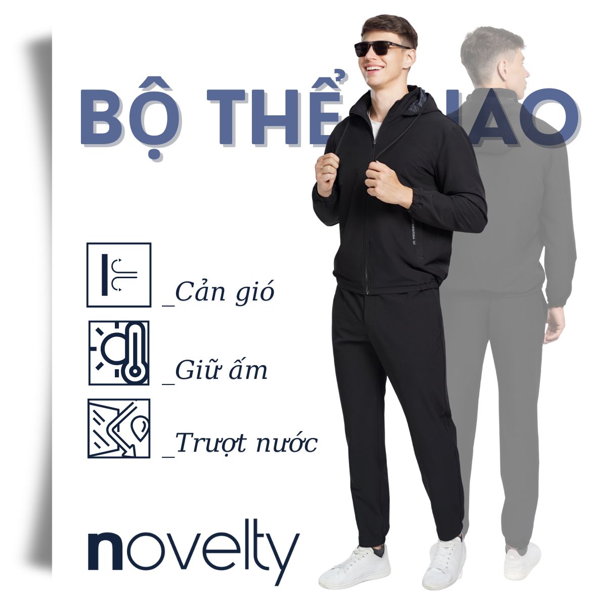 BỘ THỂ THAO NAM NOVELTY REGULAR FIT ÁO CÓ NÓN MÀU ĐEN NBTMMDMPSR250571B