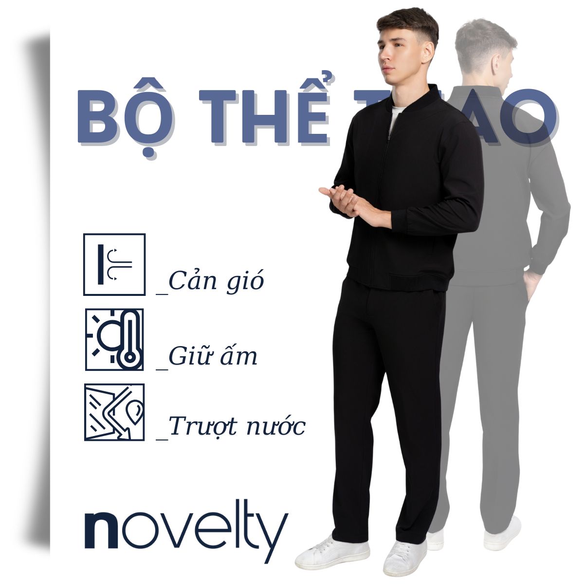 BỘ THỂ THAO NAM NOVELTY REGULAR FIT ÁO CỔ BOMBER MÀU ĐEN NBTMMDMPSR250577B