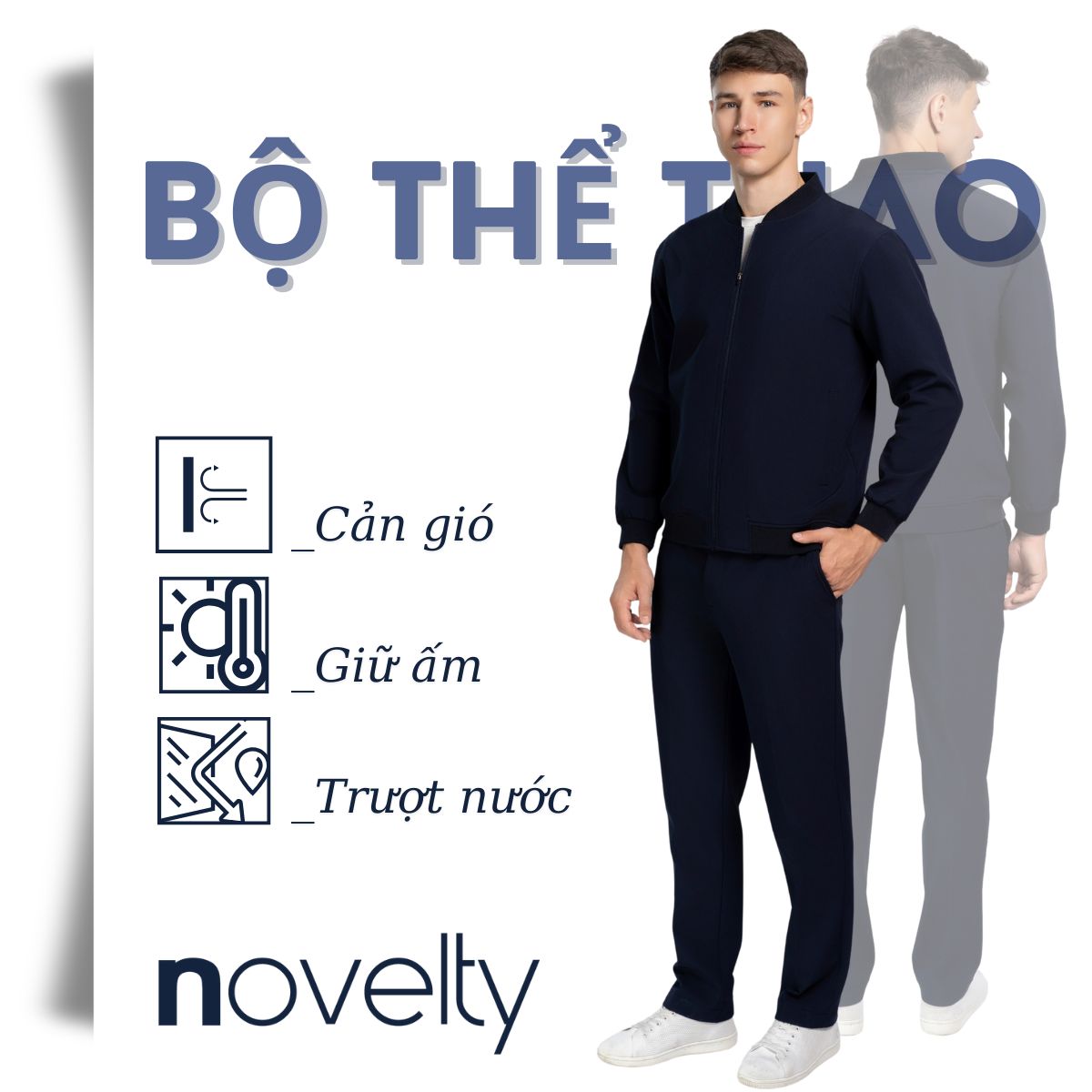 BỘ THỂ THAO NAM NOVELTY REGULAR FIT ÁO CỔ BOMBER MÀU XANH ĐEN NBTMMDMPSR250578B