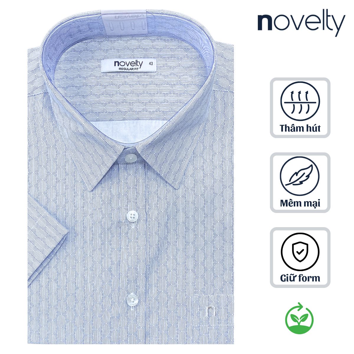 ÁO SƠ MI NAM NGẮN TAY NOVELTY REGULAR FIT T/C RECYCLED HOA VĂN XANH NSMMINMRCR250781N
