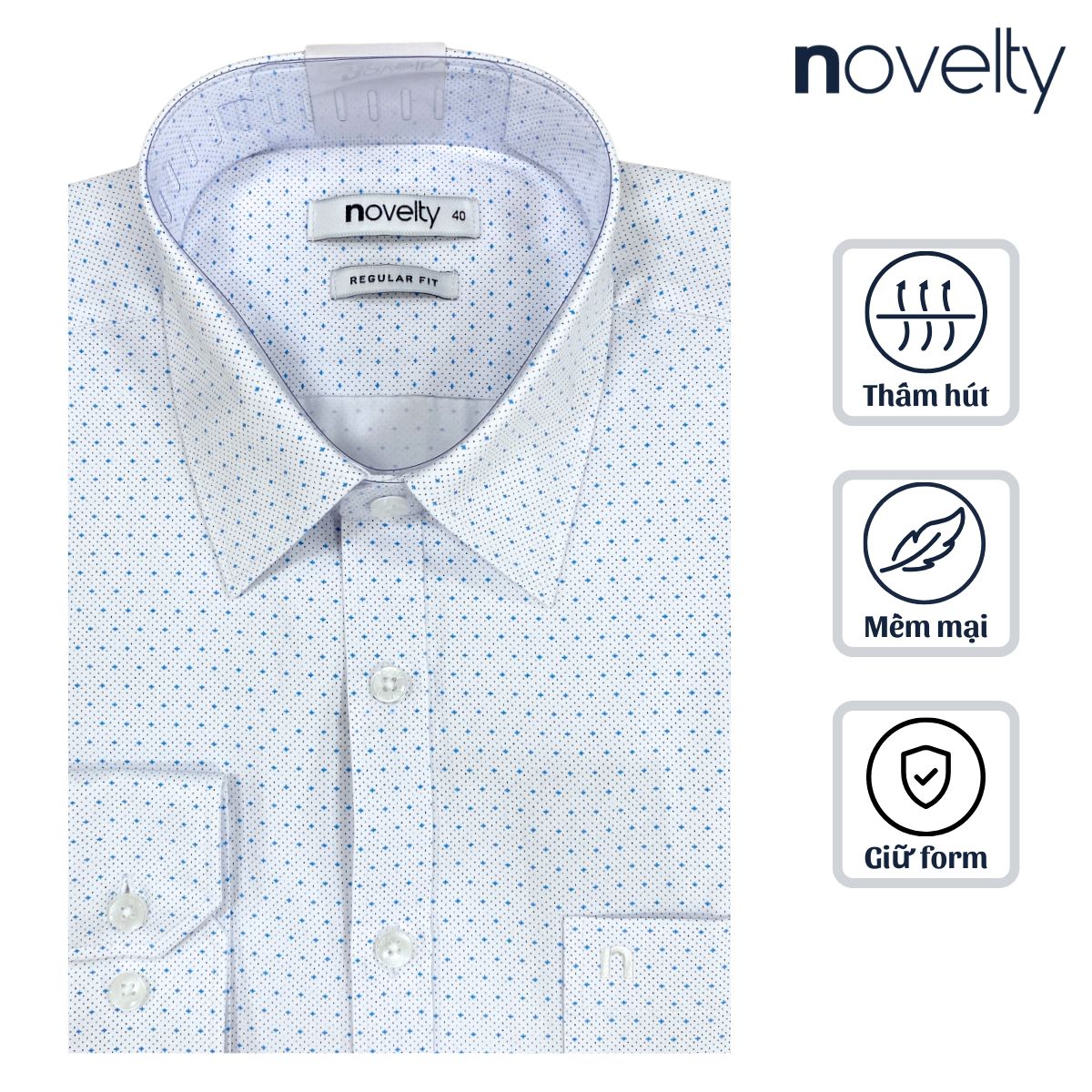 ÁO SƠ MI NAM DÀI TAY NOVELTY REGULAR FIT T/C HOA VĂN TRẮNG XANH NSMMINMTCR250459D