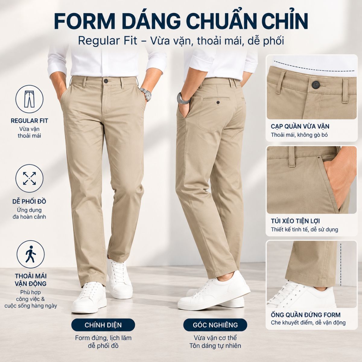 QUẦN DÀI KHAKI NAM 0PLY NOVELTY REGULAR FIT TRƠN MÀU BE SÁNG NQKMMTMCSR2611030