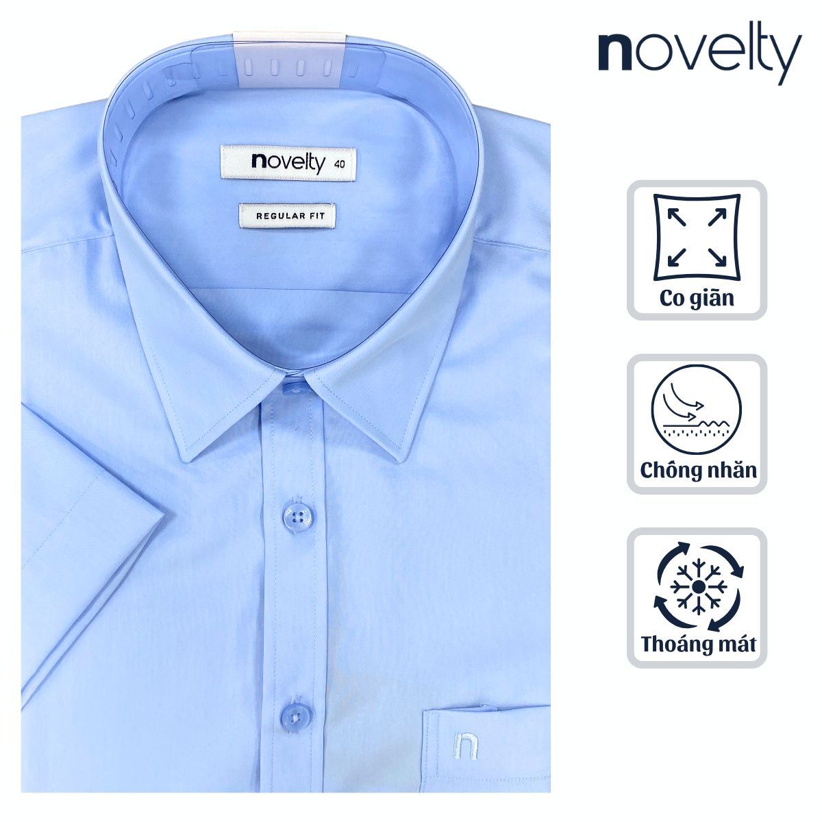 ÁO SƠ MI NAM NGẮN TAY NOVELTY REGULAR FIT SPUN TRƠN MÀU XANH NHẠT NSMMMNMT2R250522N