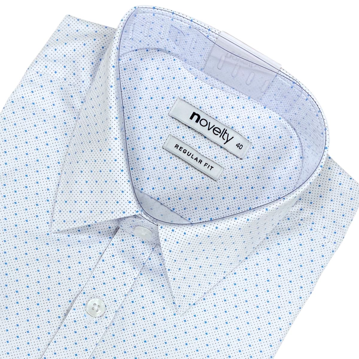 ÁO SƠ MI NAM NGẮN TAY NOVELTY REGULAR FIT T/C HOA VĂN TRẮNG XANH NSMMINMTCR250467N