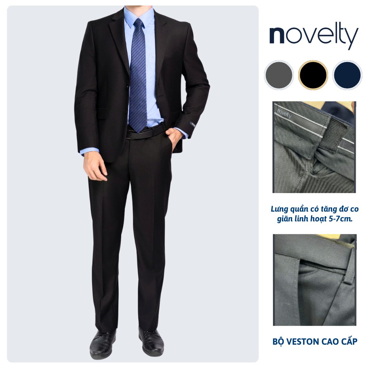 BỘ VEST NAM 2 NÚT NOVELTY CLASSIC ĐAI LƯNG CO GIÃN MÀU ĐEN NVTMMDMT3C2506512