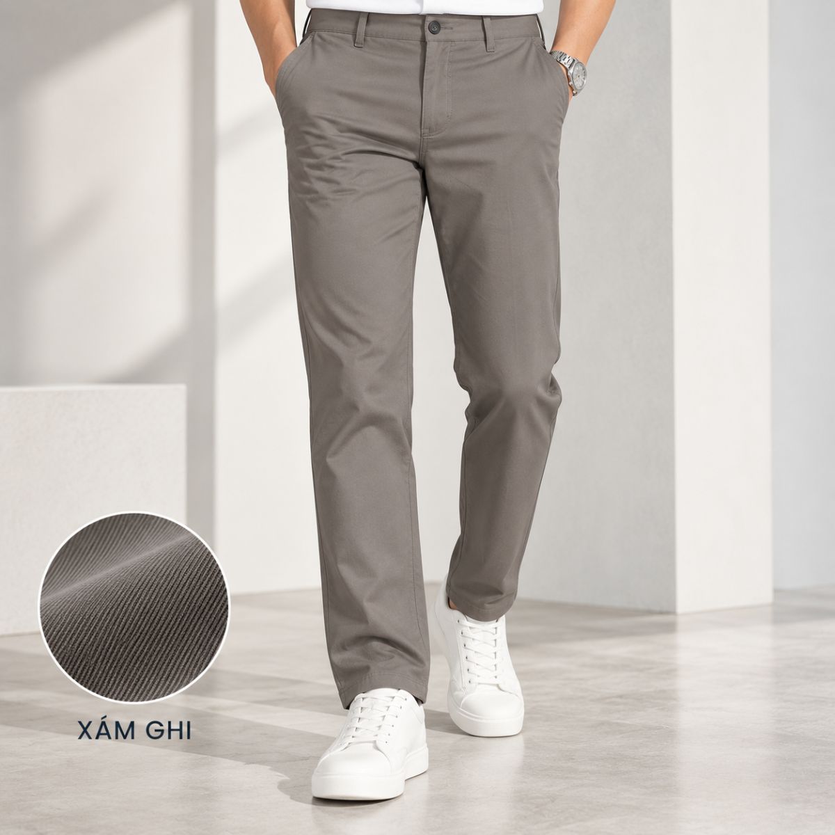 QUẦN DÀI KHAKI NAM 0PLY NOVELTY REGULAR FIT TRƠN MÀU XÁM GHI NQKMMTMCSR2611020