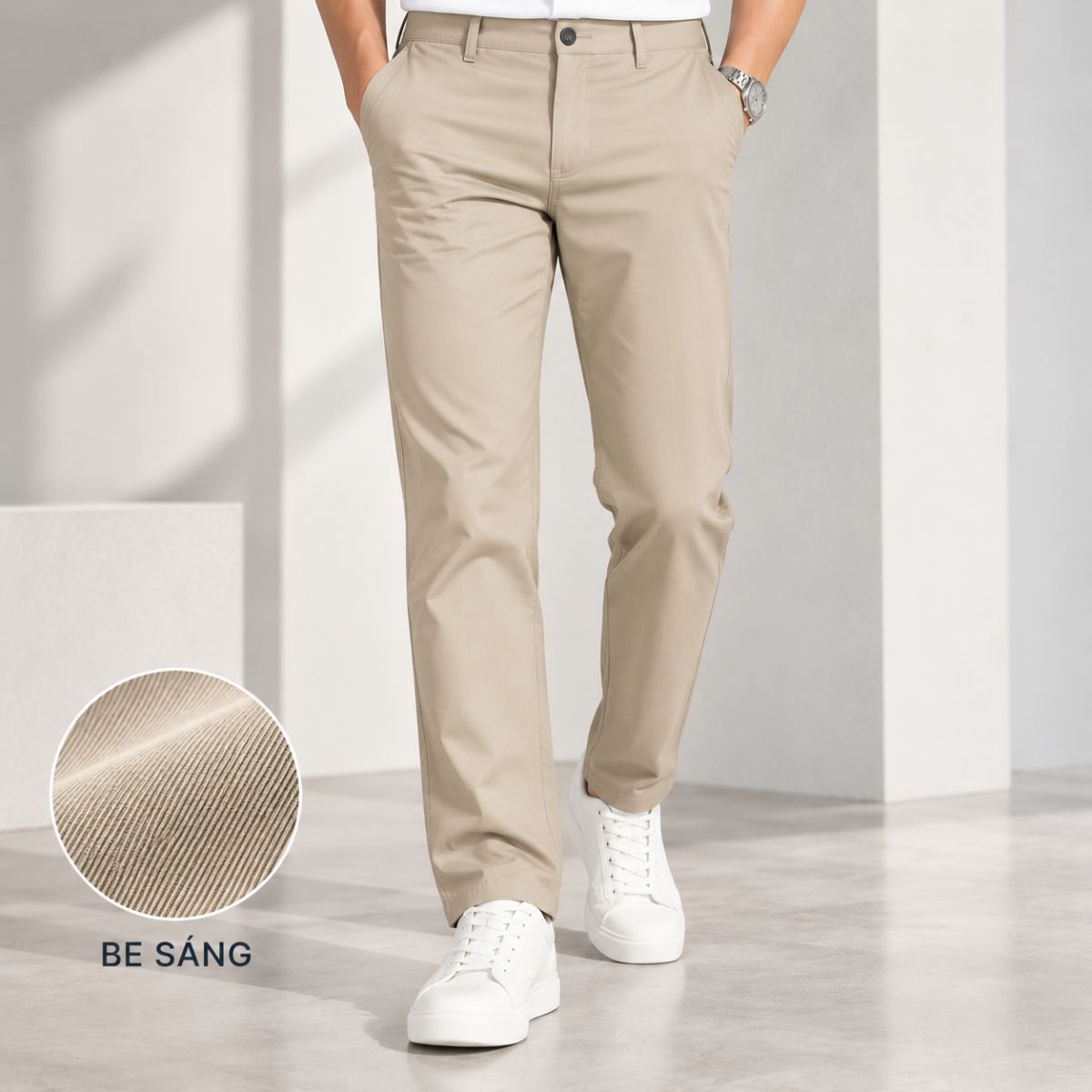QUẦN DÀI KHAKI NAM 0PLY NOVELTY REGULAR FIT TRƠN MÀU BE SÁNG NQKMMTMCSR2611030