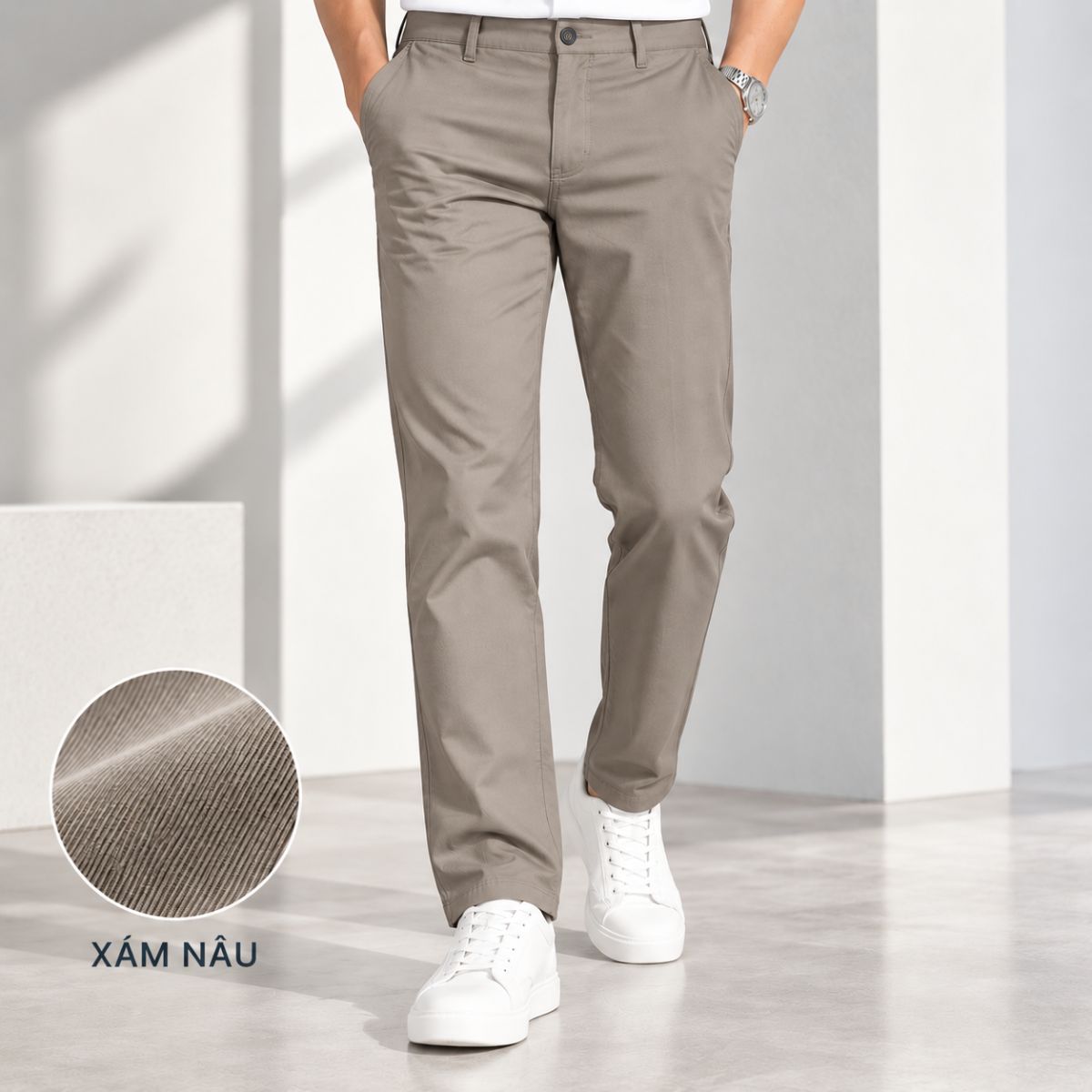 QUẦN DÀI KHAKI NAM 0PLY NOVELTY REGULAR FIT TRƠN MÀU XÁM NÂU NQKMMTMCSR2611040