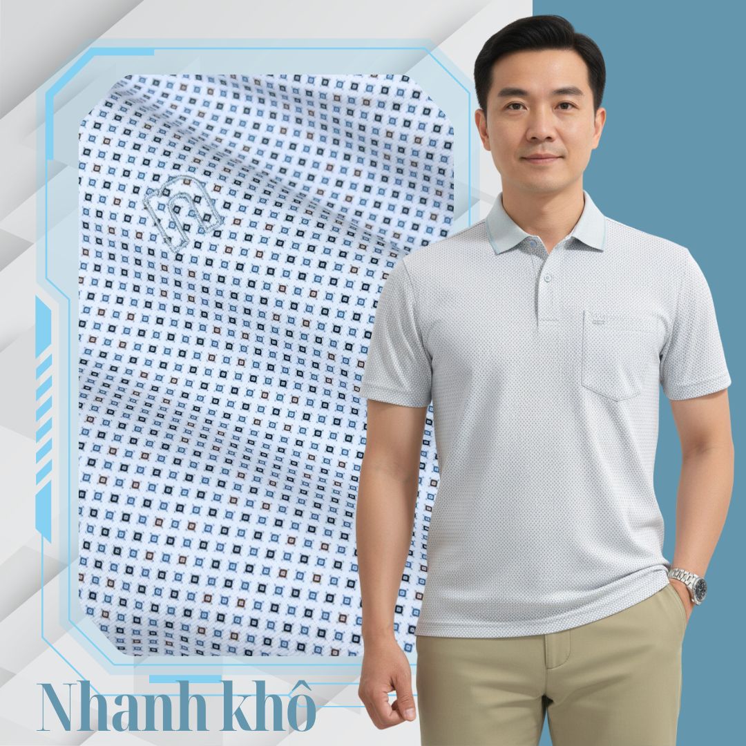 ÁO POLO NAM NOVELTY REGULAR FIT MODAL CÓ TÚI HOA VĂN TRẮNG XANH DƯƠNG NATMINMT3R250424N