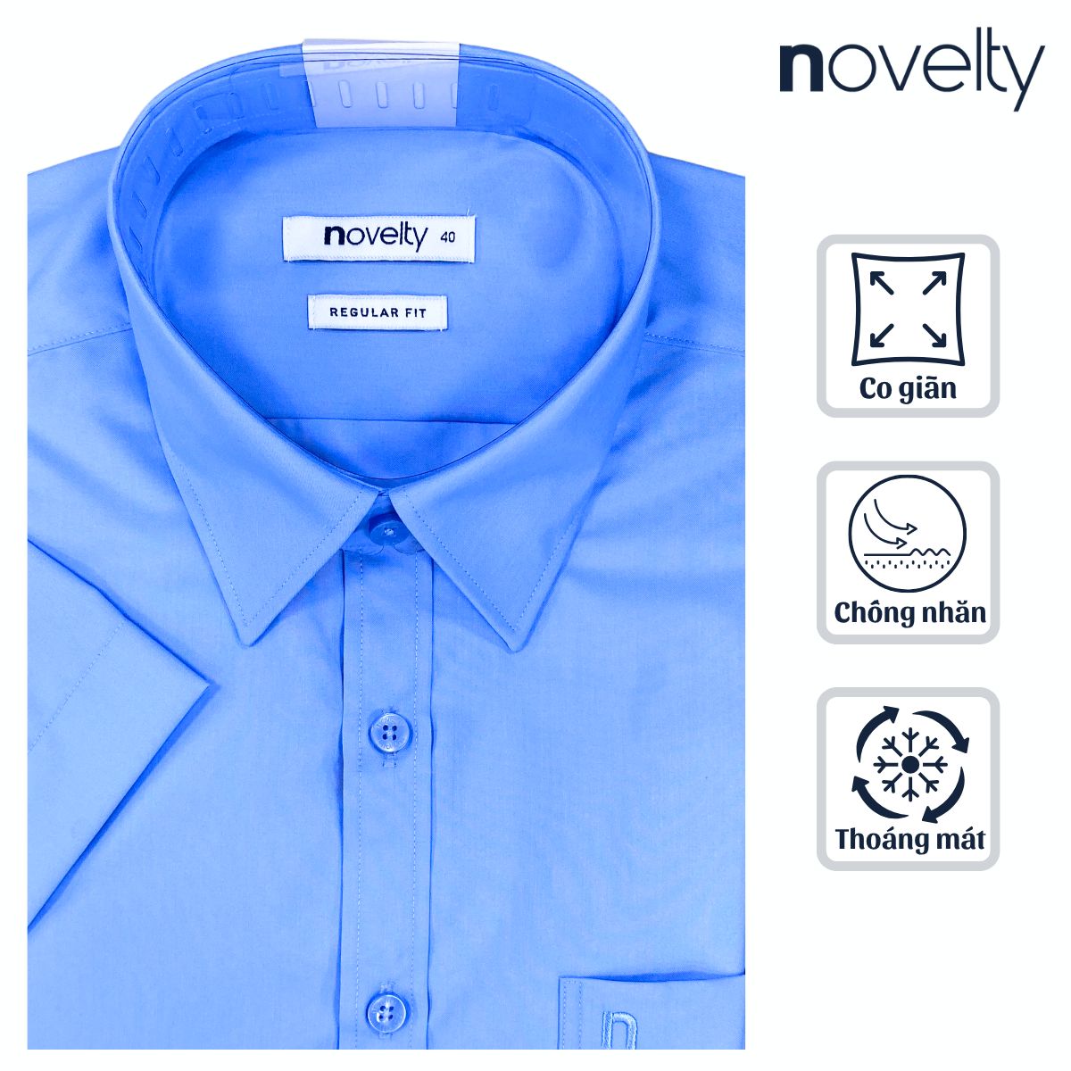 ÁO SƠ MI NAM NGẮN TAY NOVELTY REGULAR FIT SPUN TRƠN MÀU XANH NSMMMTMT2R250523N