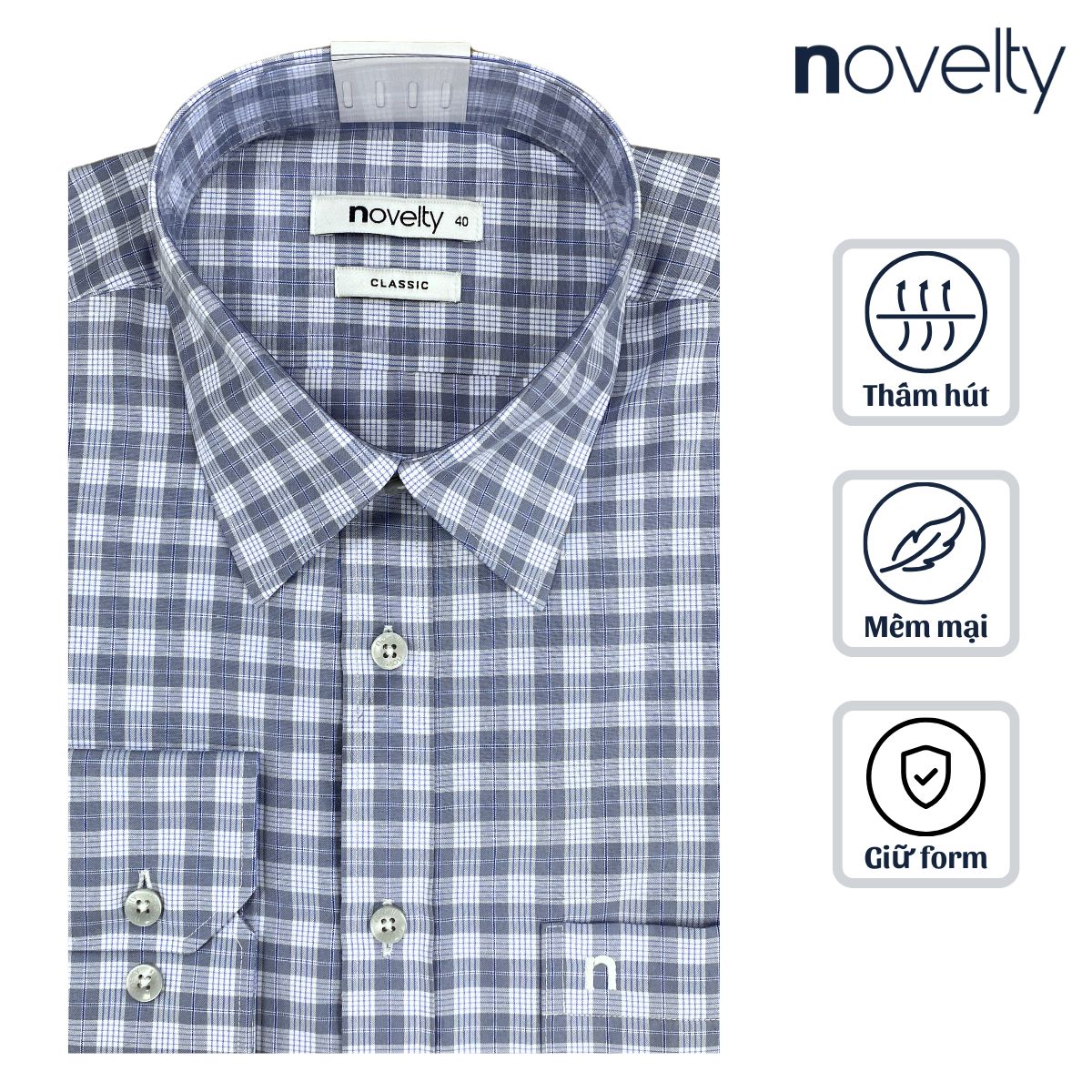 ÁO SƠ MI NAM DÀI TAY NOVELTY CLASSIC T/C CARO GHI NSMMCTMTCC250462D