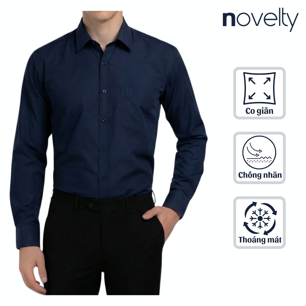 ÁO SƠ MI NAM DÀI TAY NOVELTY REGULAR FIT SPUN TRƠN MÀU XANH ĐEN NSMMMNMSPR250791D