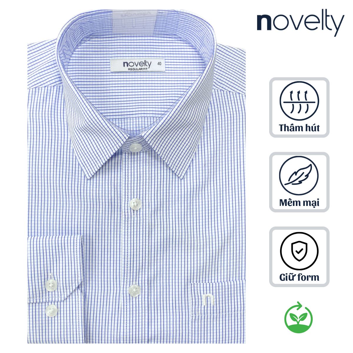 ÁO SƠ MI NAM DÀI TAY NOVELTY REGULAR FIT T/C RECYCLED SỌC NHỎ XANH NSMMSNMRCR250779D