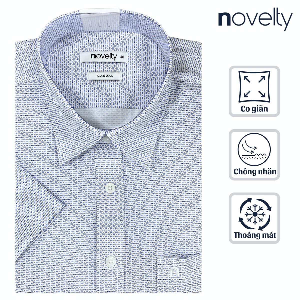 ÁO SƠ MI NAM NGẮN TAY NOVELTY CASUAL SPUN HOA VĂN XANH TRẮNG NSMMINMPSB250392N